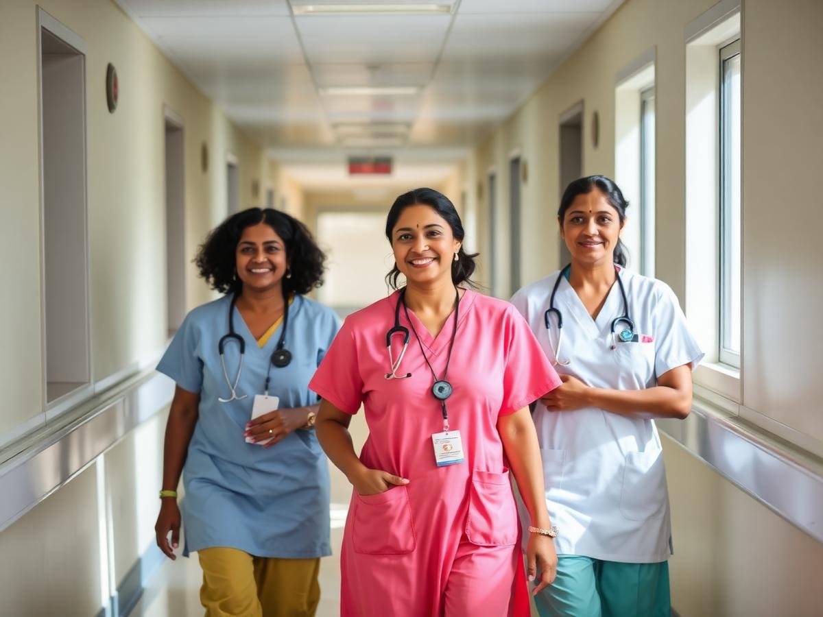 Hospital nursing staff walking through a corridor